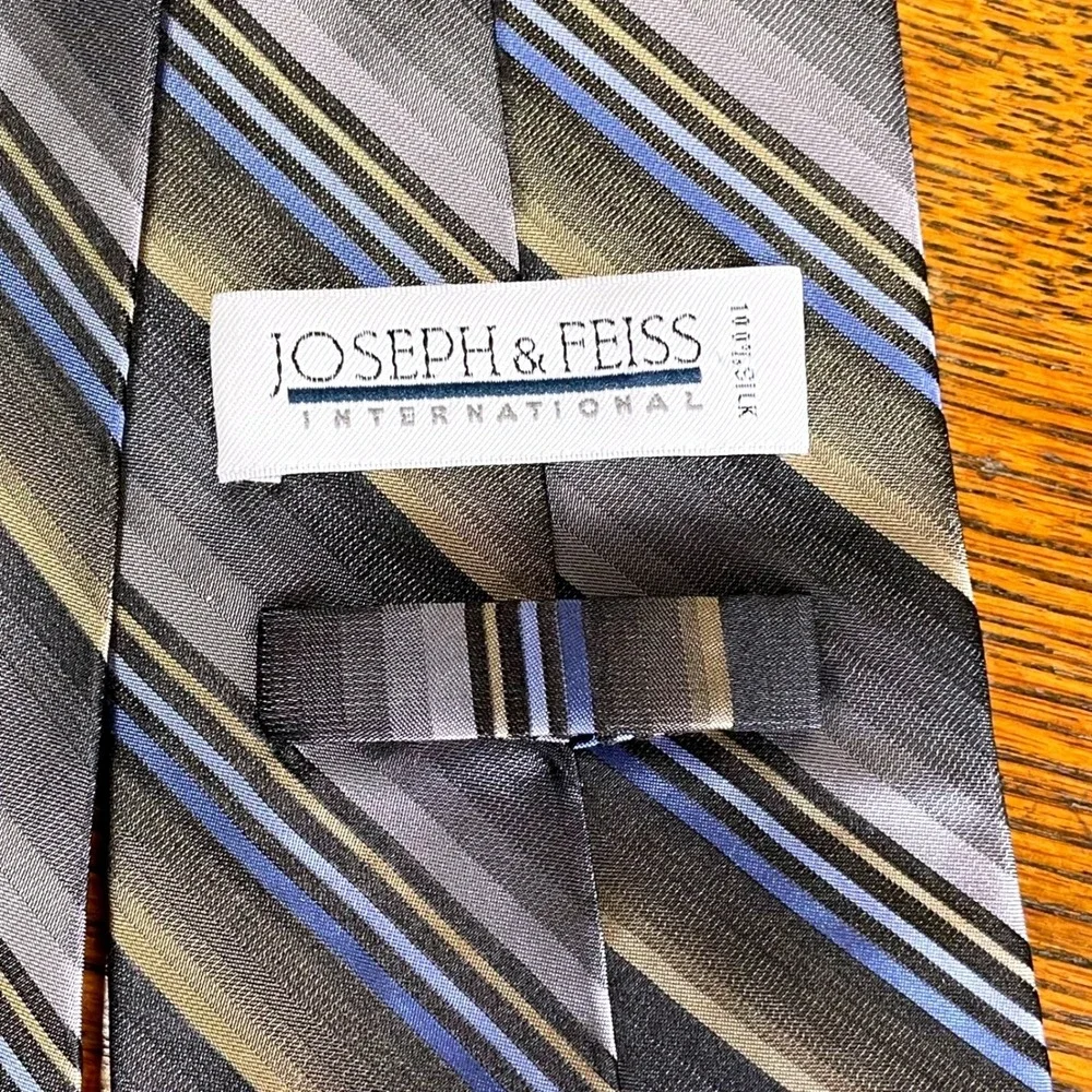 Joseph Feiss International Silk‎ Tie Striped Gray Blue Tan Men's Repp Necktie
